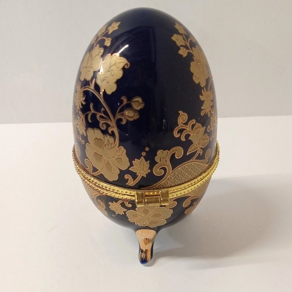 Cobalt Blue Gold Painted Egg Trinket Box Hinged Footed - Picture 3 of 10